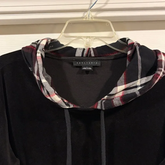 Sanctuary Black Hoodie with Plaid Accents soft velvet feel size L like new - Picture 4 of 6